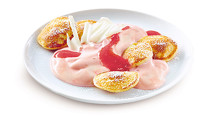110 Rhabarber-Mascarpone Creme mit Poffertjes, Himbeerpüree & weißer Schokolade